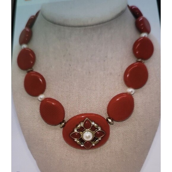 Avon Jewelry - Vintage 1980's Chunky Red Statement Necklace Avon NRT Faux Pearl 3" Extender